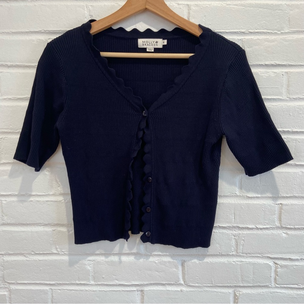 Molly Bracken Scalloped Short Sleeve Cardigan Navy Blue Size Medium Y2K